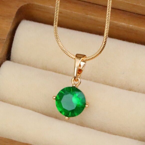 "Round Green Stone Pendant in Rose Gold Finish, XPPT1560 - Picture 1 of 14